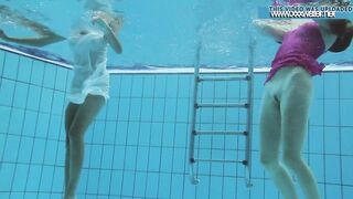 Hotly dressed teens in the pool