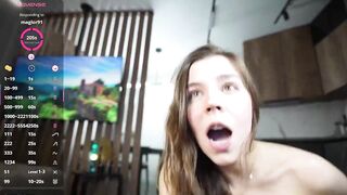 Concupiscent doxy Monika young undresses off her lace brassiere, flaunting her hairless perfection and braces smile in advance of giving a squirting display that soaks her haunches and the soft sheets