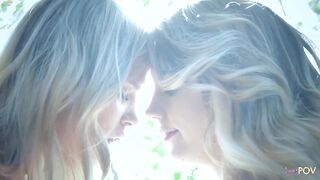 2 blond divas indulge in a lesbo session during their walk in the woods