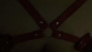 Ardent doggy sex against hotel window, leather cosplay