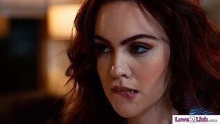 Large melons stepmom Christie Love secretly watches her stepdaughter Freya Parker masturbate next to her in couch and is turned on.The breasty mother i'd like to fuck licks her