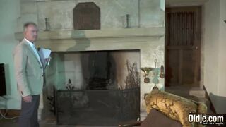 Old guy bangs hardcore a teen redhead licks her twat and this babe takes facial