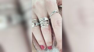 Rubbing stretching pulsing pink twat in bathroom close up