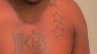 Flashing large ebony wang after work out at gym