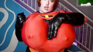 Elastigirl STRETCHES her cunt with vibrator riding, breasts (breast expansion) and shemale hentai jock pegging POV