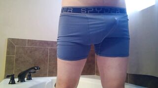 Pissing throughout cum filled boxers