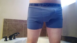 Pissing throughout cum filled boxers