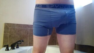 Pissing throughout cum filled boxers
