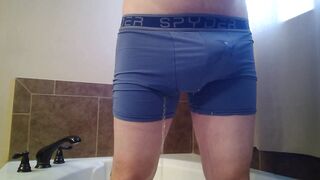 Pissing throughout cum filled boxers