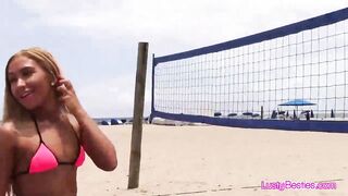 Bikini girlfriends having enjoyment on the sun on a public beach then in a intimate pool