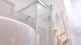 Concupiscent blond shows her boobs in the washroom stall