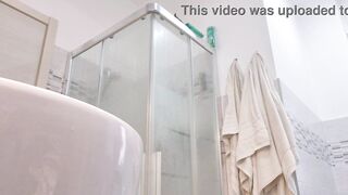 Concupiscent blond shows her boobs in the washroom stall