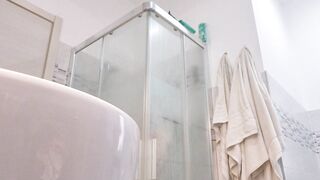 Concupiscent blond shows her boobs in the washroom stall