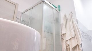 Concupiscent blond shows her boobs in the washroom stall