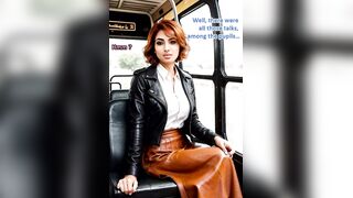 Breasty older redhead in full leather doing pole dance in a bus - AI Illustrated leather porn fantasy
