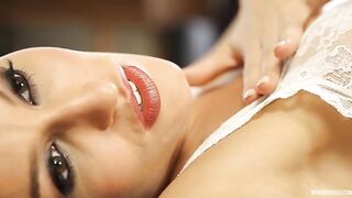 Youthful Brunette hair Ryan Keely Cums Hard with a Wahl Massager after a Carnal Striptease in White Lace