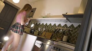 Hot and lascivious hotty sexy golden-haired hottie likes to flash her constricted bald vagina and round booty when gets bored and ignored with her short petticoat at home