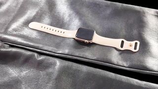 Jizz flow on Girlfriend's Apple See with Soft Pink Band