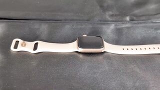 Jizz flow on Girlfriend's Apple See with Soft Pink Band