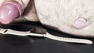 Jizz flow on Girlfriend's Apple See with Soft Pink Band