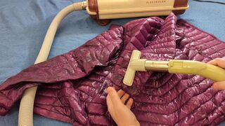 Vacuuming Girlfriend's Pink Ghost Whisperer Down Jacket with vintage Electrolux