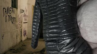 Cuming on Girlfriend's Shiny Ebony G.W. Down Jacket