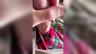 Discovered some red boxer shorts in the lockers on post and decided to cum on 'em!