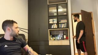 Sucking dong after getting caught stroking