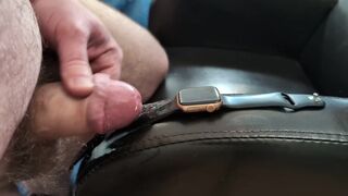 Spunk fountain on Girlfriend's Apple See with Shiny Ebony Band (Wristwatch Fetish)