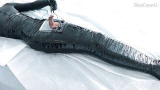 femboy in catsuit and haunch boots self mummified and CBT balls punishment e-stimluation and cum