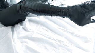 femboy in catsuit and haunch boots self mummified and CBT balls punishment e-stimluation and cum