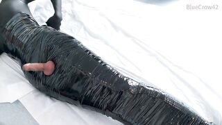 femboy in catsuit and haunch boots self mummified and CBT balls punishment e-stimluation and cum