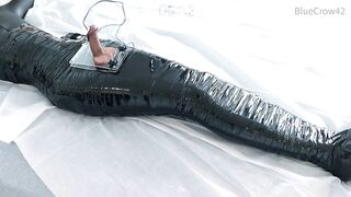 femboy in catsuit and haunch boots self mummified and CBT balls punishment e-stimluation and cum