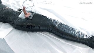 femboy in catsuit and haunch boots self mummified and CBT balls punishment e-stimluation and cum