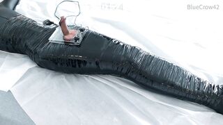 femboy in catsuit and haunch boots self mummified and CBT balls punishment e-stimluation and cum