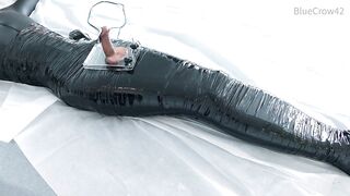 femboy in catsuit and haunch boots self mummified and CBT balls punishment e-stimluation and cum
