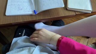 At COLLEGE Tugjob to a CLASSMATE Beneath the Table during the physics class (lecture)