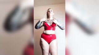 Large Booty mother I'd like to fuck Teases in Red PVC Brassiere and Pants