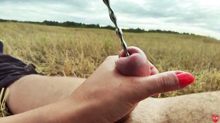 Glamorous public urethral plug in field - real sounding outdoor cum 4K