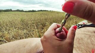 Glamorous public urethral plug in field - real sounding outdoor cum 4K
