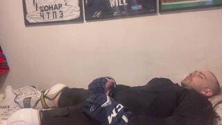 Amateur cum in full Hockey gear after training