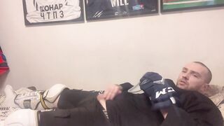Amateur cum in full Hockey gear after training