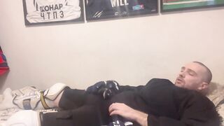 Amateur cum in full Hockey gear after training