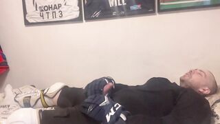 Amateur cum in full Hockey gear after training