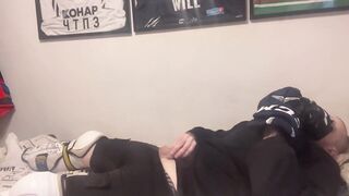 Amateur cum in full Hockey gear after training