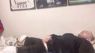 Amateur cum in full Hockey gear after training