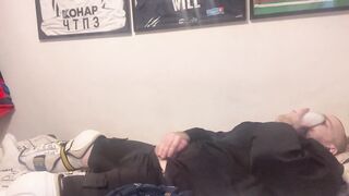 Amateur cum in full Hockey gear after training