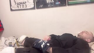 Amateur cum in full Hockey gear after training