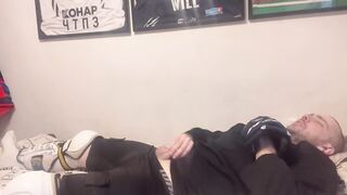 Amateur cum in full Hockey gear after training