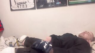 Amateur cum in full Hockey gear after training